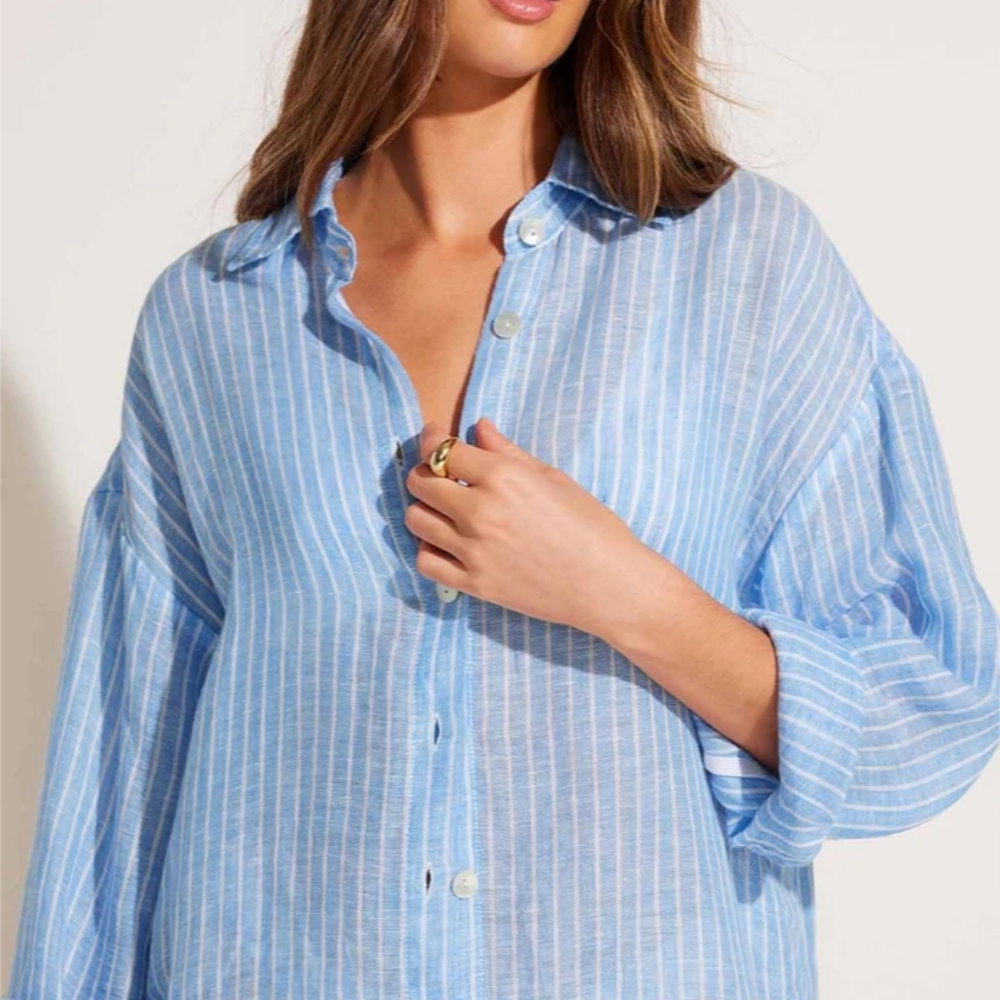 Vitamin A Playa Linen Boyfriend Shirt Summer Stripe EcoLinen M - Picture 2 of 16
